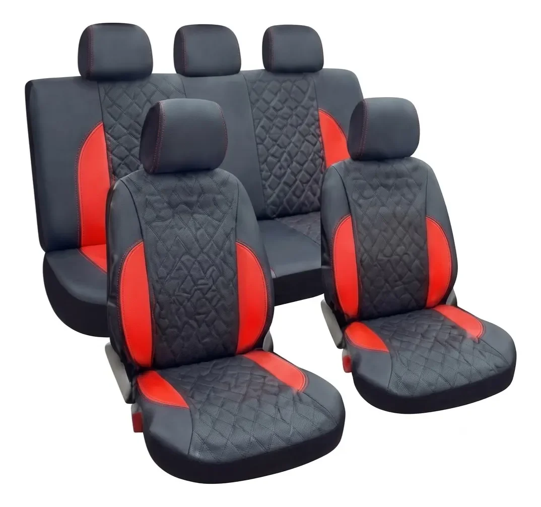 Forros de asiento semi cuero diamante negro con franja roja 11 pcs centurión universal