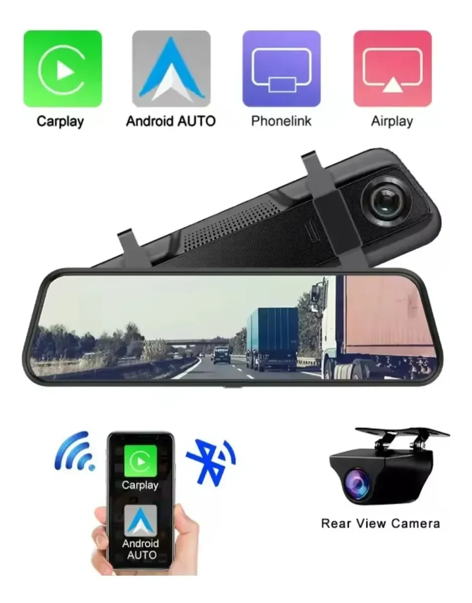 Retrovisor Táctil Con Cámara Dual Uhd Dvr 9 Pulgadas Carplay
